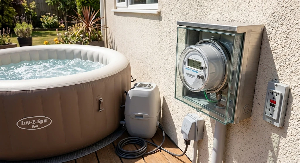 електролічильник поруч з надувним SPA на дачі