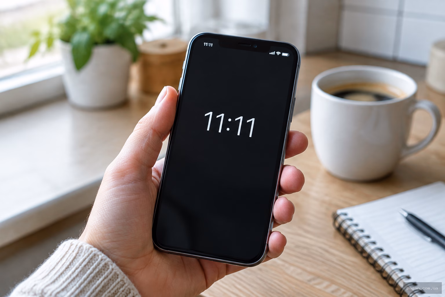 Людина тримає смартфон із часом 11:11 на екрані на кухні